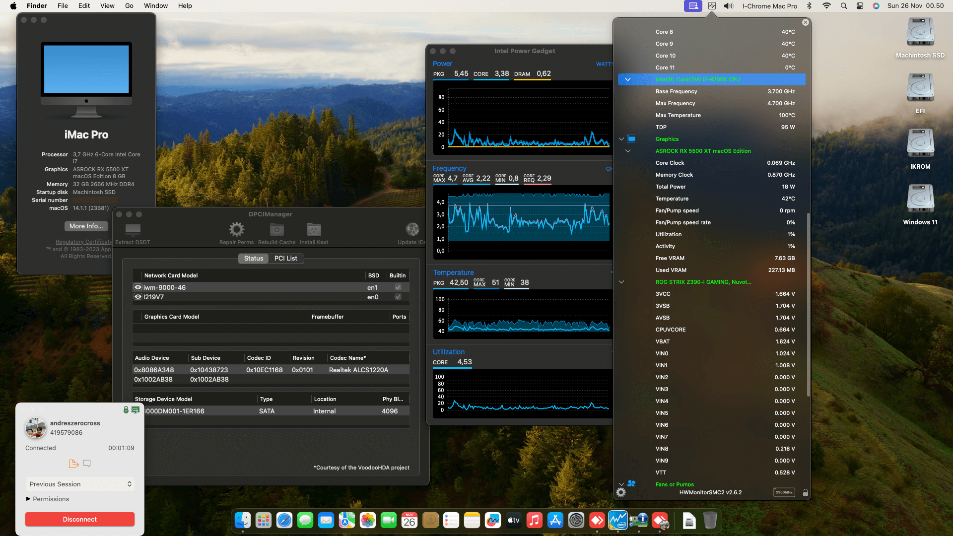 Success Hackintosh macOS Sonoma 14.1.1 Build 23B81 in Asus ROG Strix Z390-I Gaming + Intel Core i7 8700K + Asrock RX 5500 XT